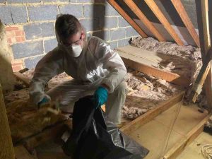 Man wearing protective clothing clearing attic